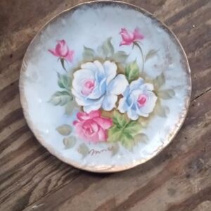 Painted PORCELAIN PLATE Pink & Yellow ROSES Japan
